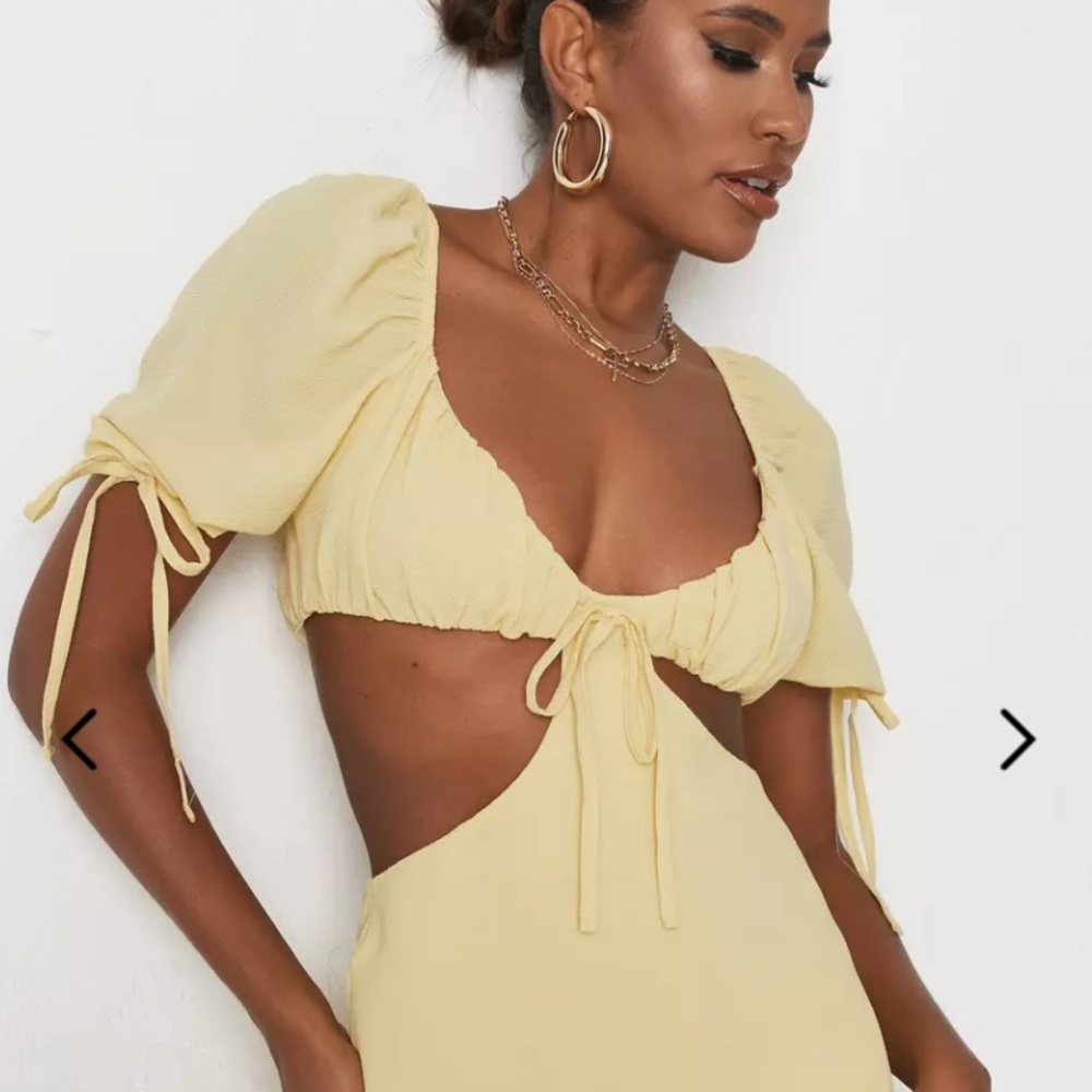 MISSGUIDED Lemon Dobby Mesh cut out milkmaid dress